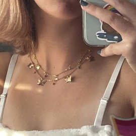 流行潮新款时尚百搭精致蝴蝶吊坠项链饰品女双层金属蝴蝶星星项链