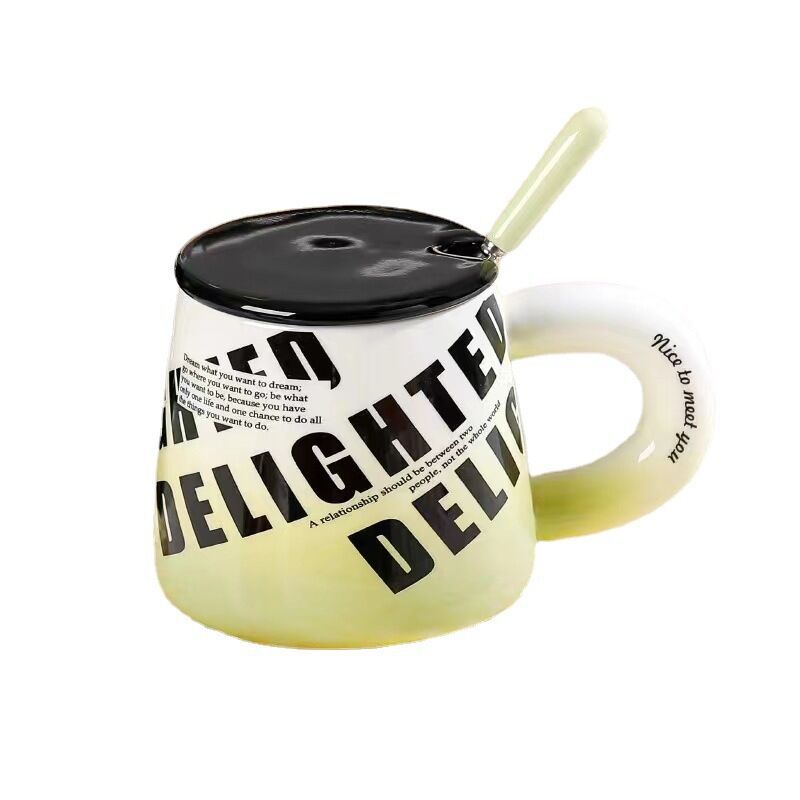 Creativo gradiente de color Estilo nórdico inglés personalizado Taza de cerámica con tapa cuchara Oficina taza de beber de alto aspecto