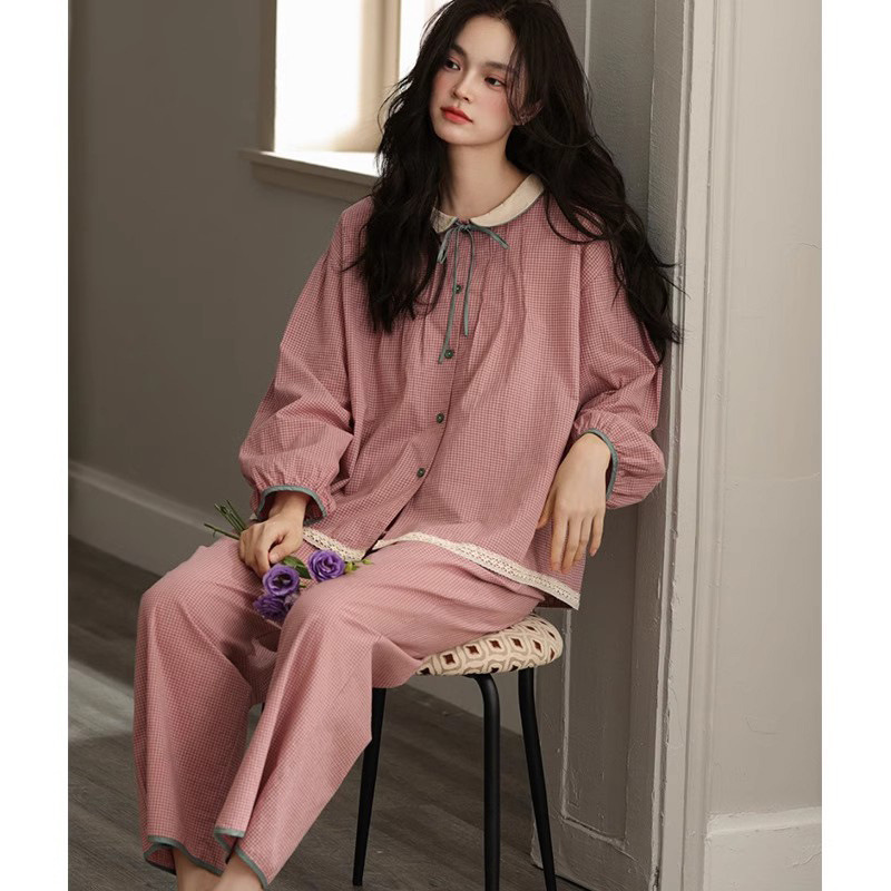 韩系梭织棉纱睡衣套装女款2025年春秋新款简约可外穿家居服两件套