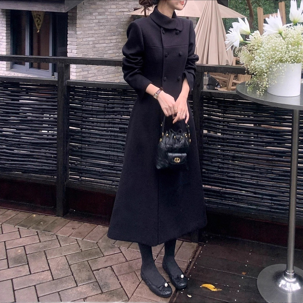 韩国东大门秋季新款韩版翻领分割线双排扣小香风设计感毛呢大衣女