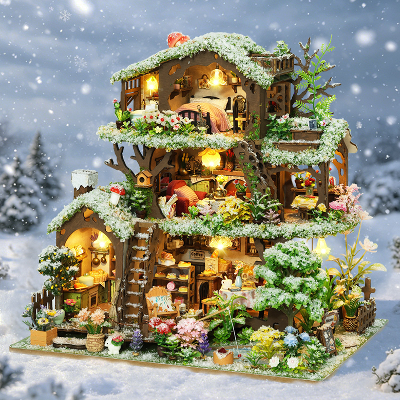 Qiaoyun DIY Cottage Time Tree House Snow Scene Villa 3D Three-Dimensional Handmade Assembly Kit