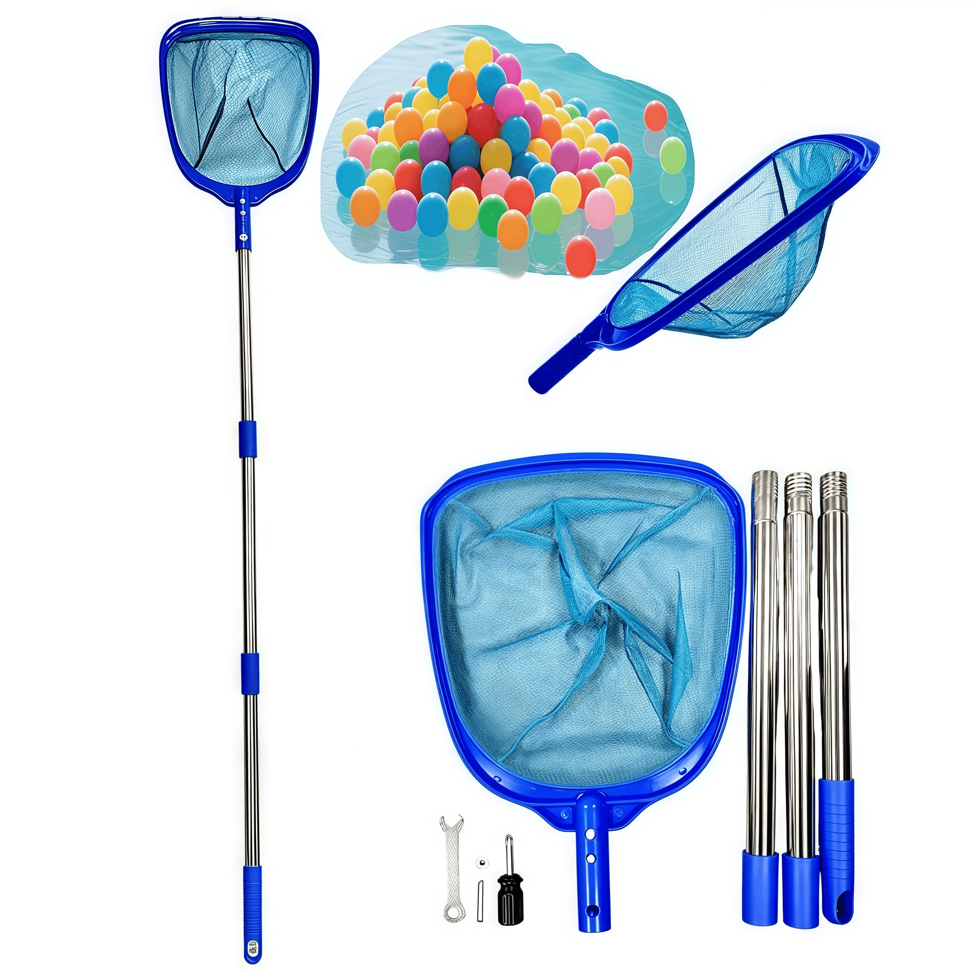 Инструменты для чистки бассейна: сепаратор, скиммер, сетка для сбора листьев и мусора, сетка для бассейна, скиммер для листьев.