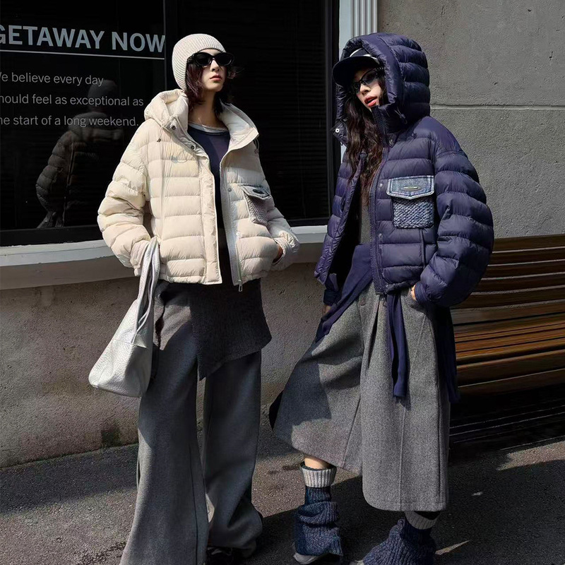 2026 Winter Women's Short Down Jacket with Denim Pocket Detail, Korean Style Hooded White Duck Down Puffer Coat 2026 Winter Women's Short Down Jacket with Denim Pocket Detail, Korean Style Hooded White Duck Down Puffer Coat