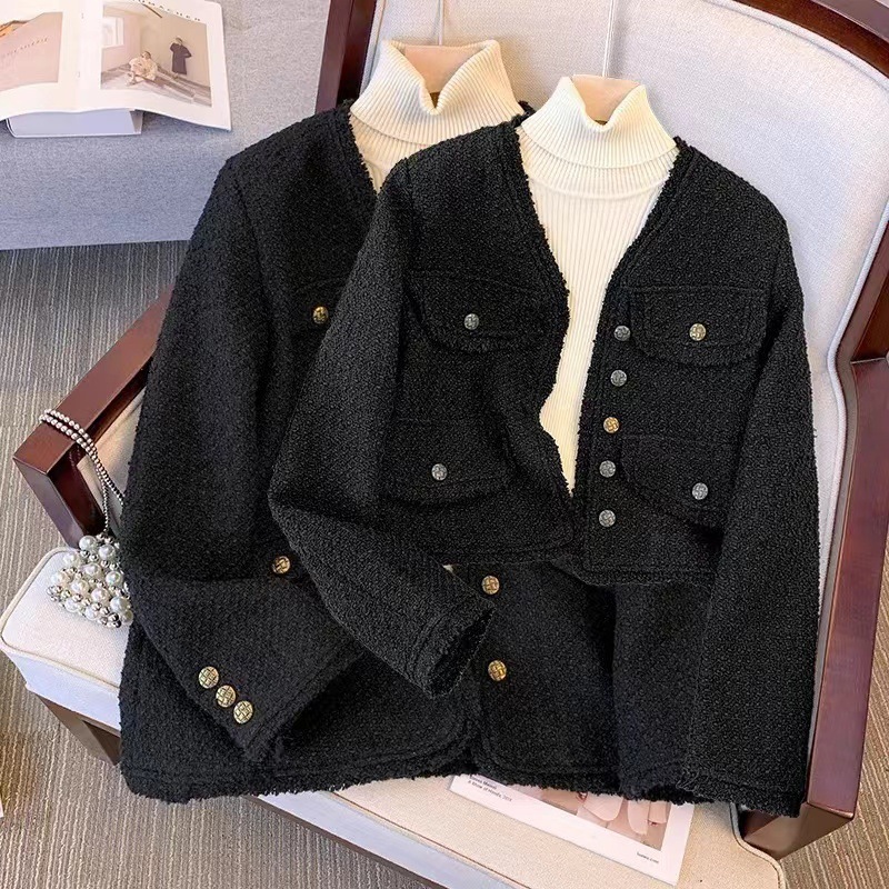 2025 Fall/Winter New Chanel-style Coat for Women, Korean-style Elegant & Versatile, Trendy Plus-Size Tweed Black Top