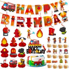 消防员主题生日快乐派对拉旗字母彩旗装饰拉旗挂饰蛋糕插蜂窝摆件