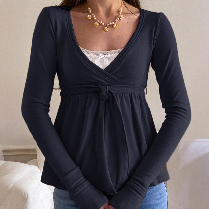 Girls' Cross-Collar Tie-Up Ruched Long-Sleeve Top, New Sweet Style Loose Lace Bow Long-Sleeve T-Shirt Girls' Cross-Collar Tie-Up Ruched Long-Sleeve Top, New Sweet Style Loose Lace Bow Long-Sleeve T-Shirt