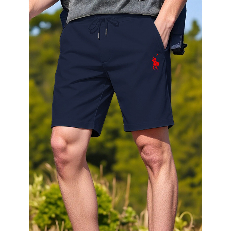 New Cross-Border Summer Polo Embroidered Men's Cotton Shorts, Trendy Loose Straight Casual Drawstring Shorts