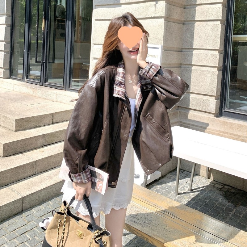 短款格子拼接洋气皮衣外套女2025秋季新款小个子复古机车夹克上衣|undefined