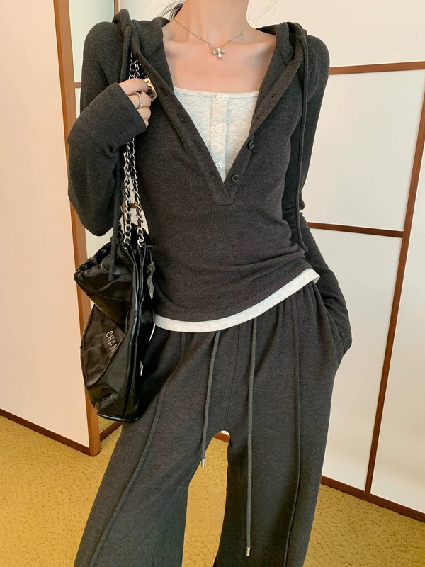 sporty chic*磨毛连帽假两件t恤卫衣抽绳休闲裤套装女秋|undefined