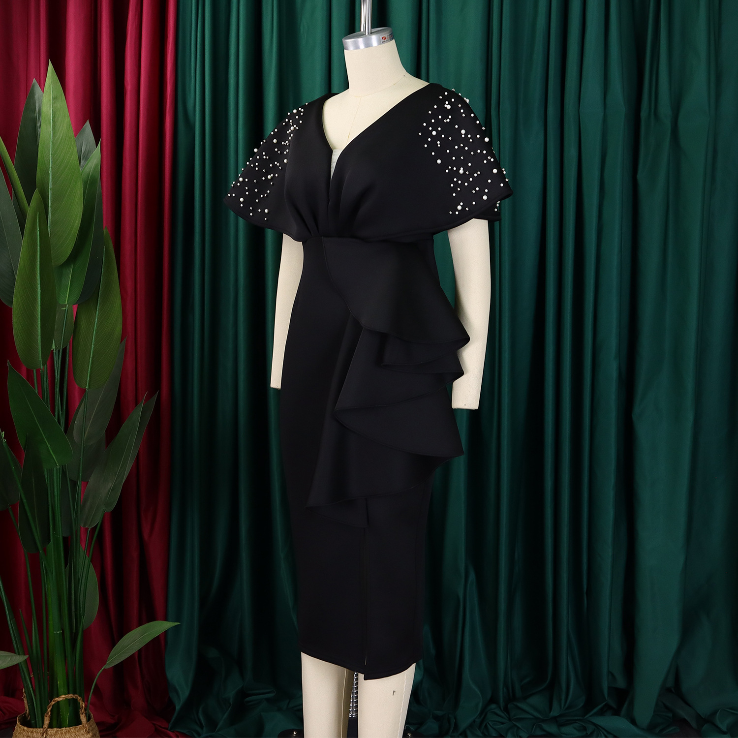 Robe de soirée sexy à col en V et à volants avec fente perlée, robe de banquet de tempérament de célébrité_voghion.com