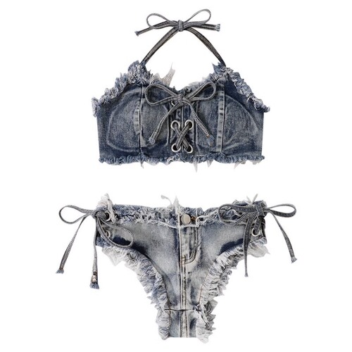 Bikini Hot Girls Sexy Denim Swimsuit Women's 2024 New Beach Suit European and American Halter Neck Top Split Swimsuit