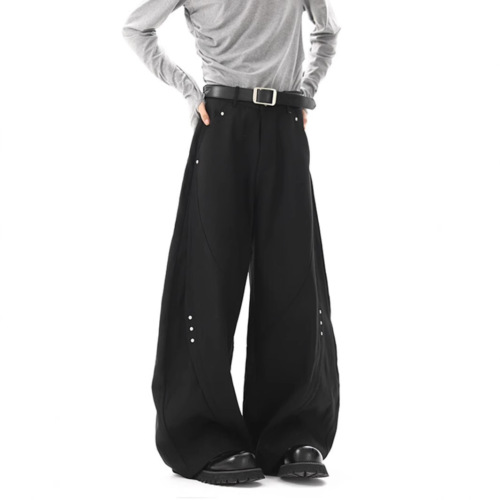 High-end sense rivet cleanfit black curved knife pants for men, spring item, silhouette relaxed wide-leg casual long pants