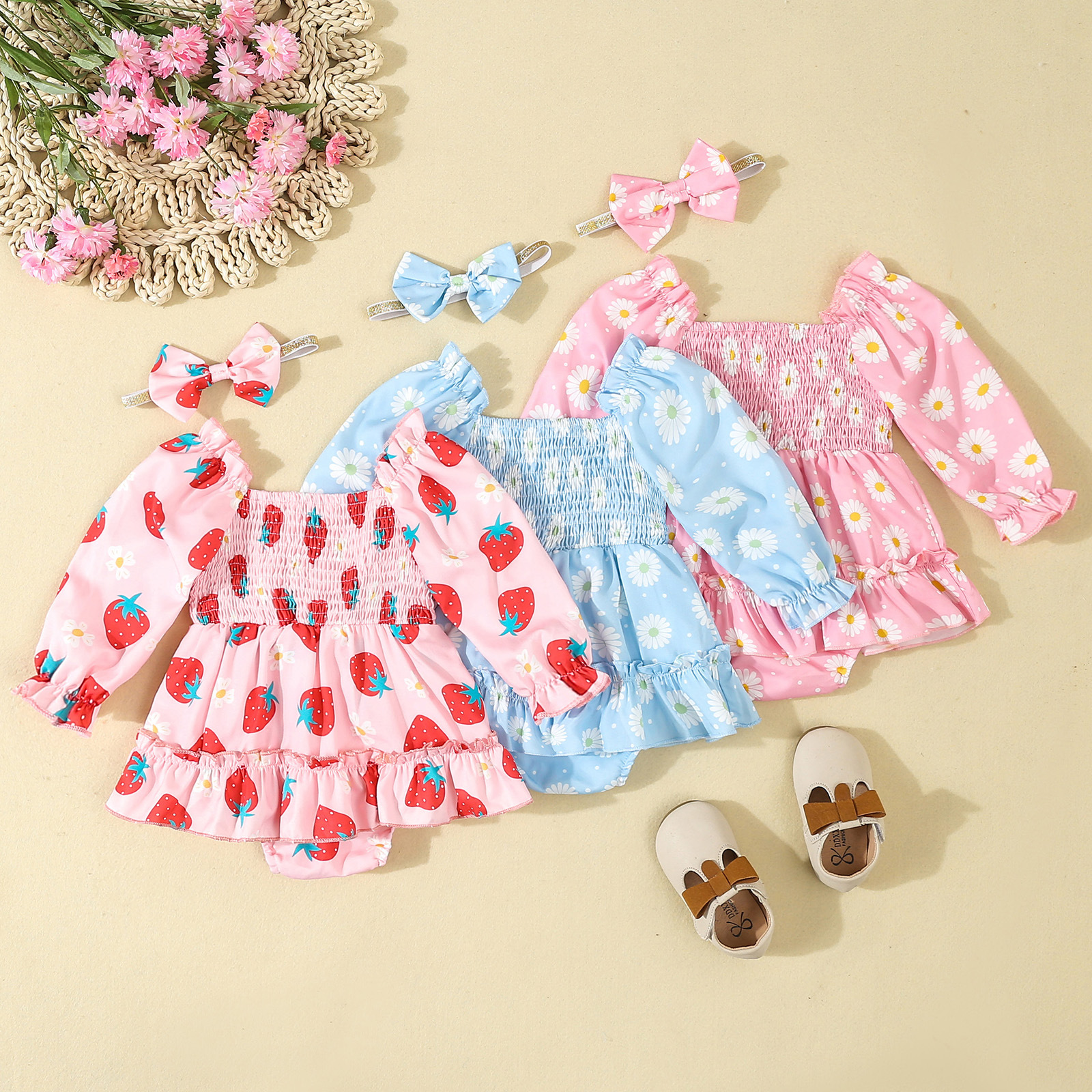 Baby romper kjole med hårbånd til piger forår og efterår_voghion.com