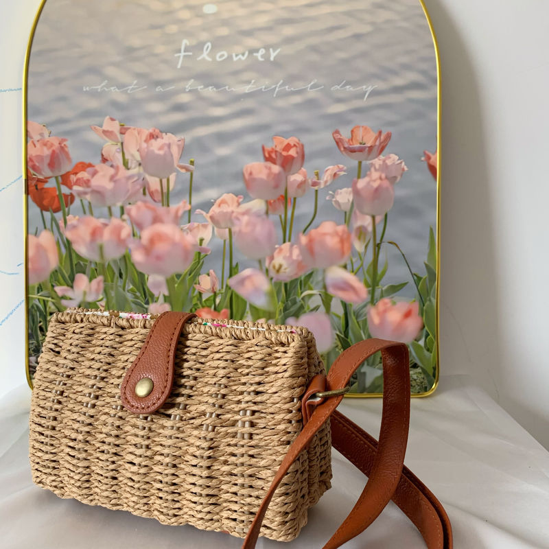 Geometric Pattern Spring&Summer Season Women's Gender Vacation Style Square Shape Women's Paper String Geometric Vacation Square Magnetic Buckle Straw Bag