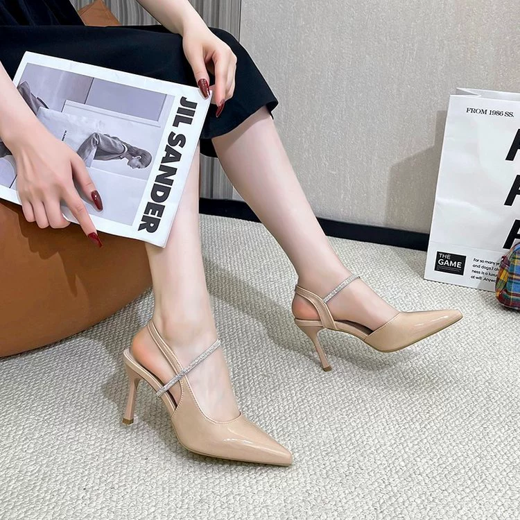 Дизайнерские туфли-стилето на высоком каблуке для женщин, летняя мода 2025 года, новые босоножки с камнями в французском стиле, закрытый носок, с юбкой