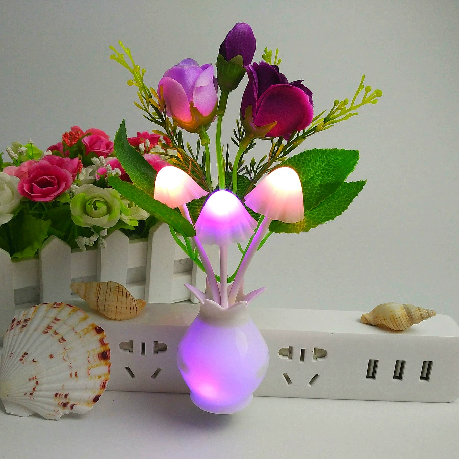 Mushroom LED lamp, 4‑LED, light‑control sensor, colorful rose base, 0.5 W, EU/US options
