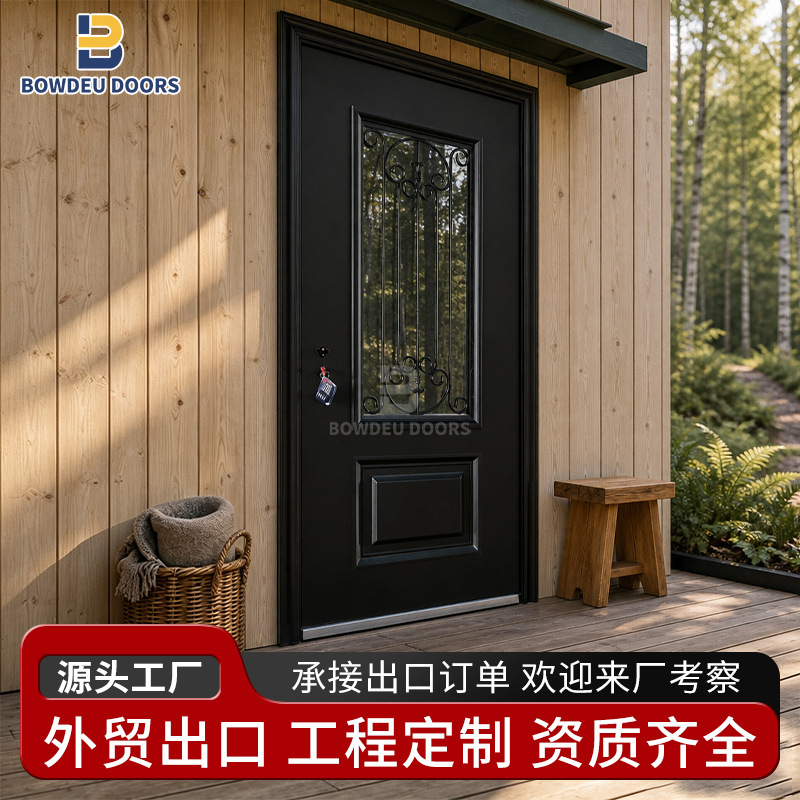 Black wrought iron lattice design, artistic glass inlay, single-panel entrance door for villas and residential homes Black wrought iron lattice design, artistic glass inlay, single-panel entrance door for villas and residential homes