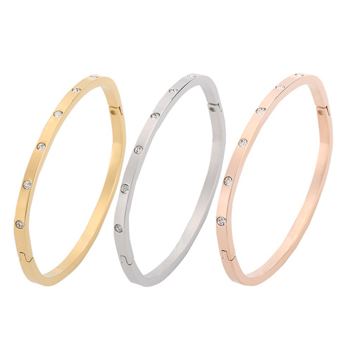 Full Polished Square Women's Stainless Steel Bracelet with Zirconia Accents for Cross-Border Supply and Wholesale Titanium Steel Accessories