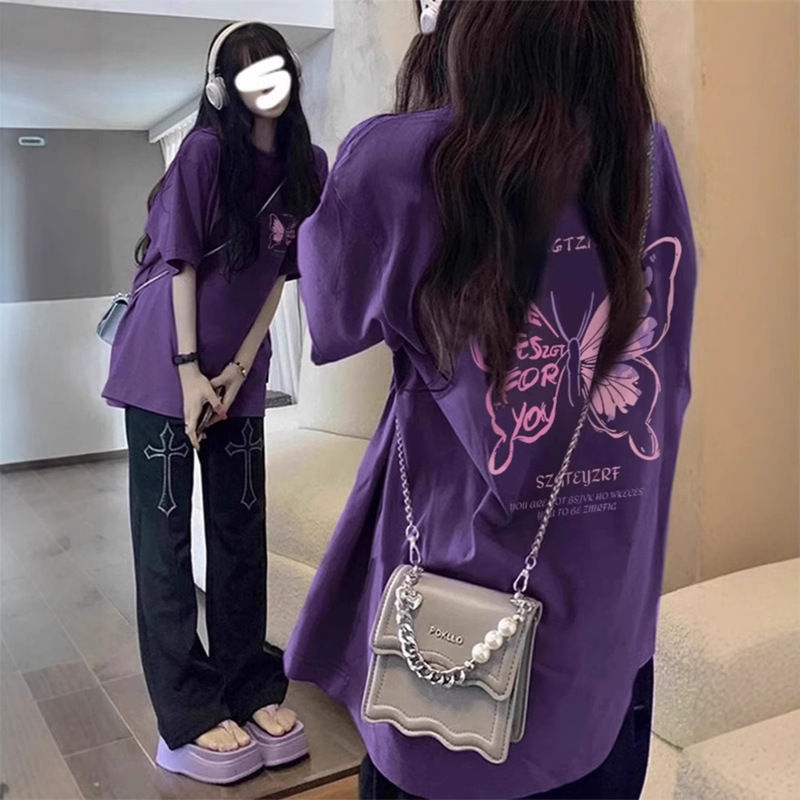 chubby girl 150.00kg Pure Cotton Purple Design Sense Butterfly plus size Short-sleeved T-shirt Women's American Style Retro Half-sleeved Top T-shirt chubby girl 150.00kg Pure Cotton Purple Design Sense Butterfly plus size Short-sleeved T-shirt Women's American Style Retro Half-sleeved Top T-shirt