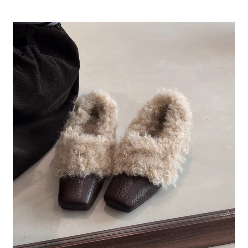 2025秋冬季新款方头一脚蹬毛毛鞋内增高单鞋女粗跟加绒保暖小皮鞋