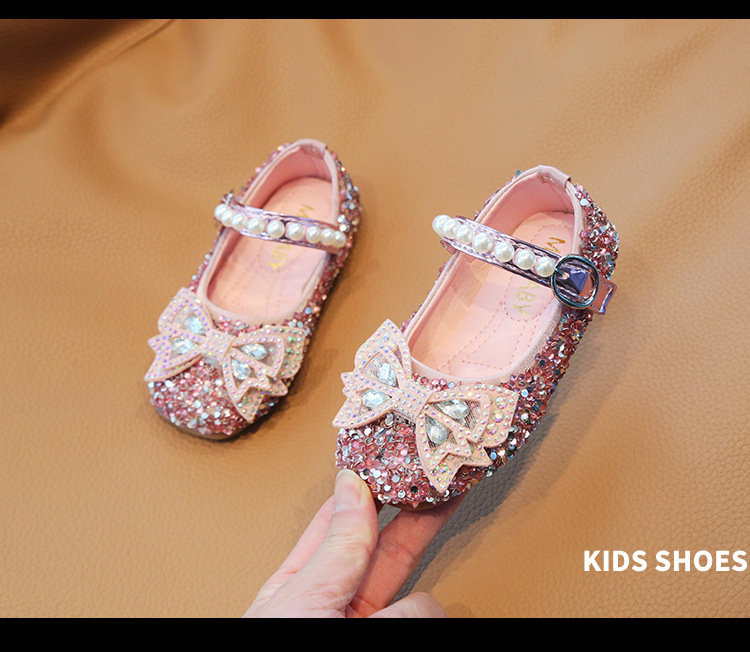 Chaussures princesse en cristal pour filles, édition coréenne, printemps et automne, avec nœud pour bébé, unique, mode, diamant brillant, 2024_voghion.com