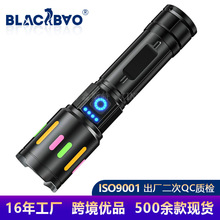 跨境新款白激光手電筒伸縮變焦熒光電顯戶外多功能強光鋁合金手電