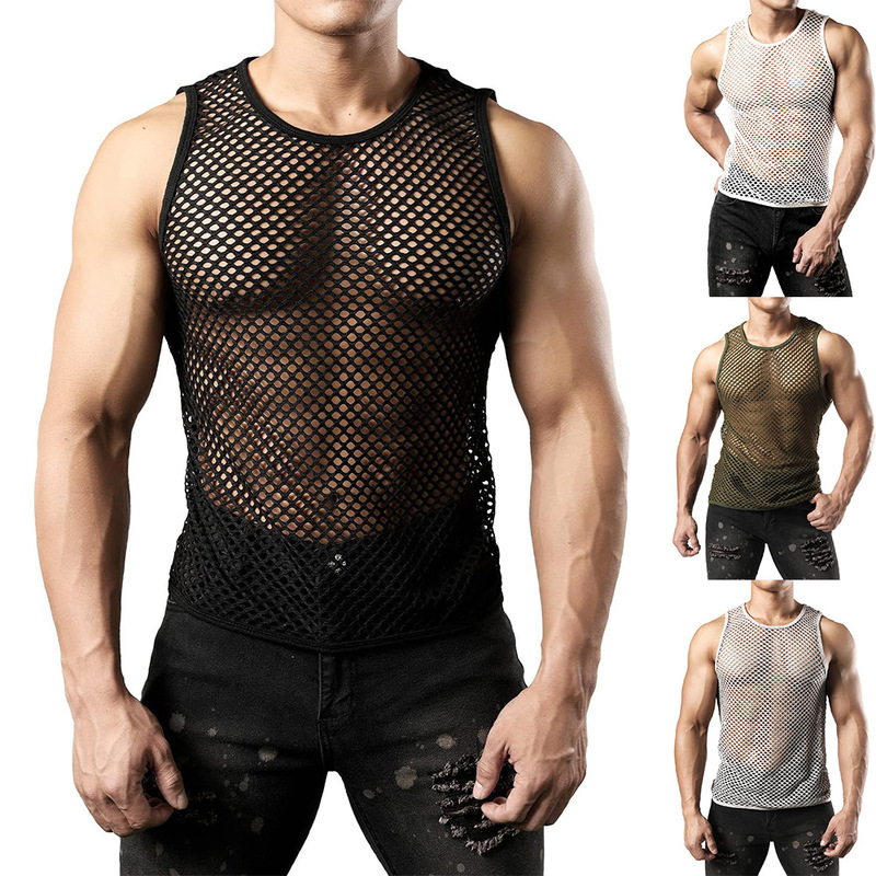 Summer new hollow vest round neck top fishing net vest breathable loose casual sleeveless plus size blouse for men