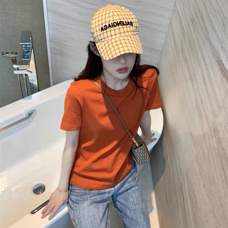 Orange T-Shirt Women's Right Shoulder Short-Sleeved Summer 2025 New Design Niche Versatile Slim Chic Top Round Neck