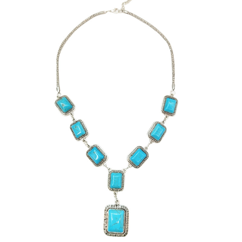 Cross-border new retro turquoise spray bright oil rectangular necklace European and American Bohemian ethnic style alloy jewelry