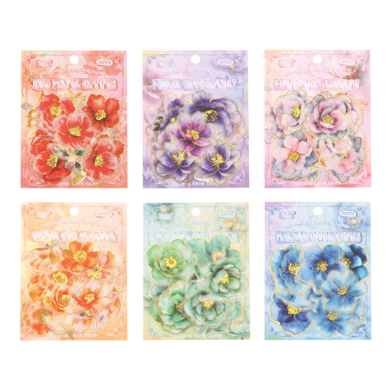 Yue Zhen retro bolsas de pegatinas de flores de viento, serie de pegatinas de película de corte de decoración de la mano de estampado de oro