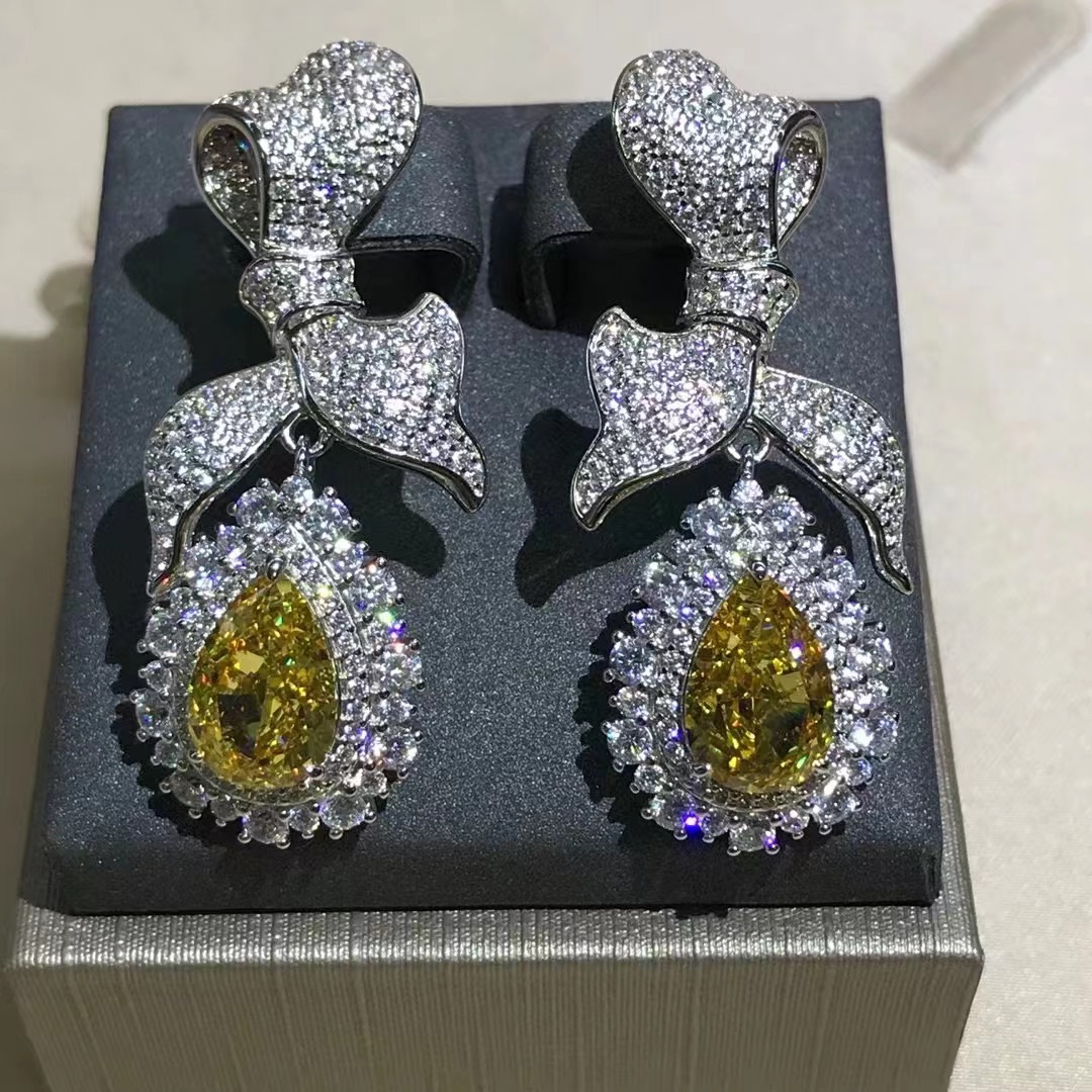 Gota de agua corte amarillo alto carbono diamante Stud pendientes 4 quilates VVS nivel D color 3EX Comercio exterior transfronterizo pendientes joyería