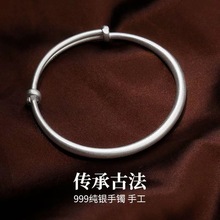 民族风古法传承推拉简约镀银手镯女复古风时尚磨砂手环可调节批发