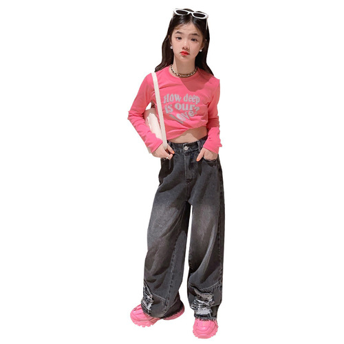 Girls' long-sleeved bottoming shirts, autumn clothes, new Korean style, fashionable children's fashion, niche design, wide-leg jeans, trendy