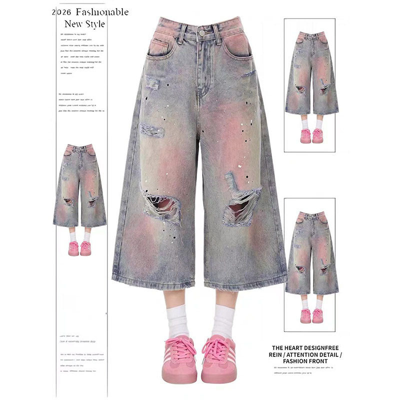American-Style Star-Patterned Ripped Denim Cropped Pants for Women, Straight-Leg, Summer New Style, Plus-Size, Loose Fit, Slimming Wide-Leg Pants American-Style Star-Patterned Ripped Denim Cropped Pants for Women, Straight-Leg, Summer New Style, Plus-Size, Loose Fit, Slimming Wide-Leg Pants