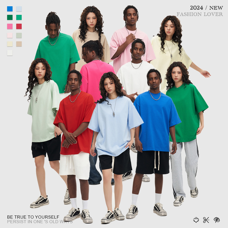 350g heavy cotton short-sleeved T-shirt men's loose solid color base shirt black round neck T-shirt White top women