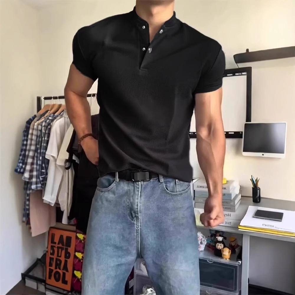 American Henry Collar Short-Sleeved Men's Summer Black Polo Shirt Fitness Clothes Waffle Sports T-Shirt