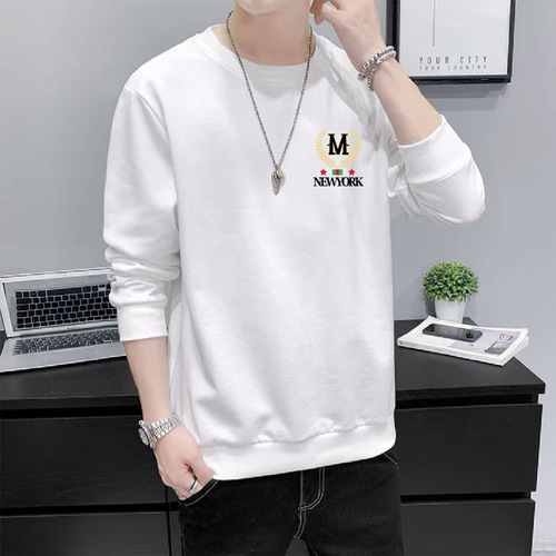 Men's Long Sleeve Round Neck Hoodie - Autumn New Arrival, Simple Print Casual Wear, Versatile, Thin, Plain Color Top - Street Vendor Supply
