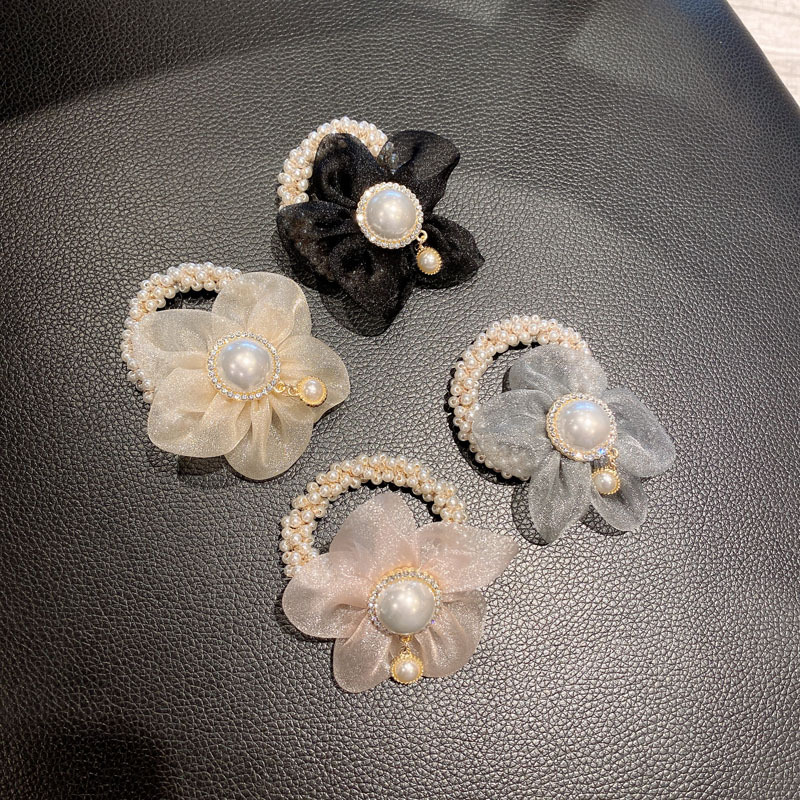 Korean Organza Flower Pearl Hair Ring display picture 1