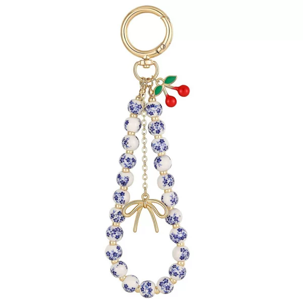 Women's Ceramic Phone Chain with Cherry Bow Pendant, Floral Beaded Keychain, Red Cherry Ceramic Keychain