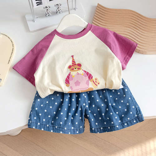 Summer baby girl cartoon outer wear printed T-shirt 2024 new cute and western style color matching versatile half-sleeved top