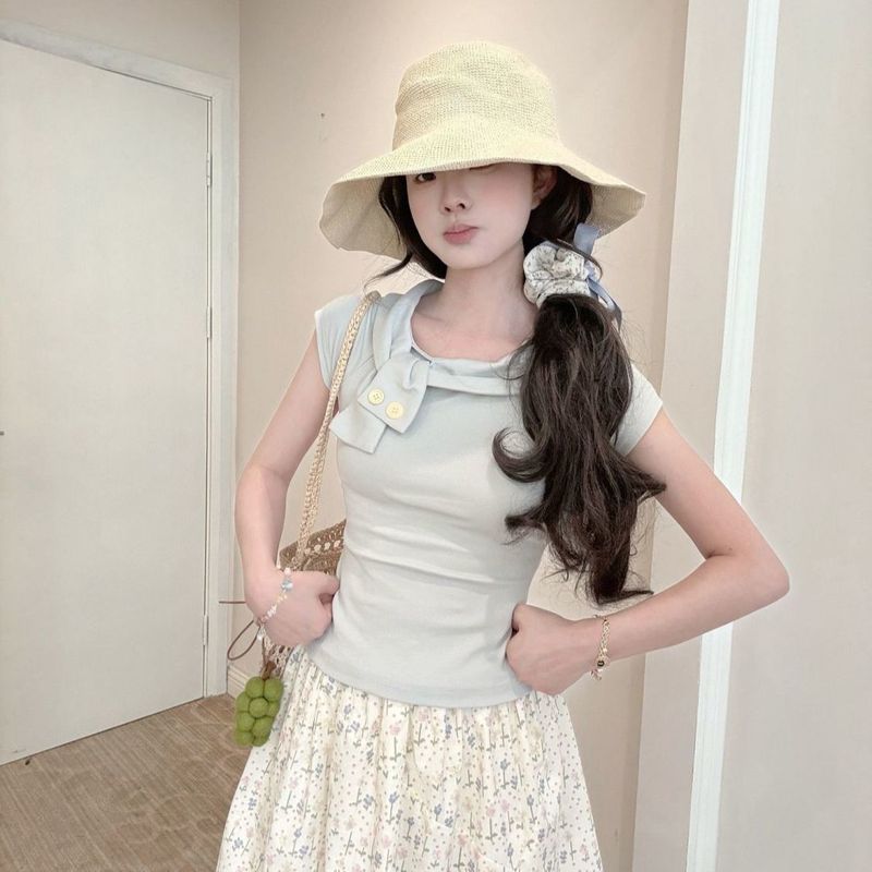蝴蝶结短袖t恤女2025夏季新款甜美修身显瘦设计感小众百搭上衣服|undefined