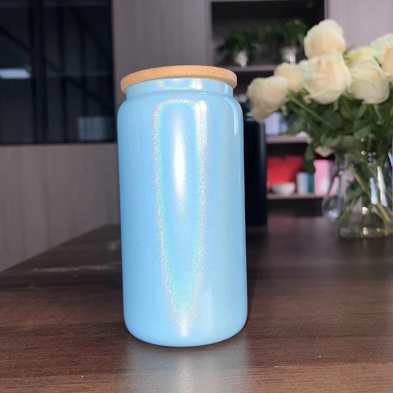 16oz comercio exterior gradiente de color de sublimación de vidrio electrochapado camaleón fluorescente arco iris pintura vidrio taza de agua taza de masón