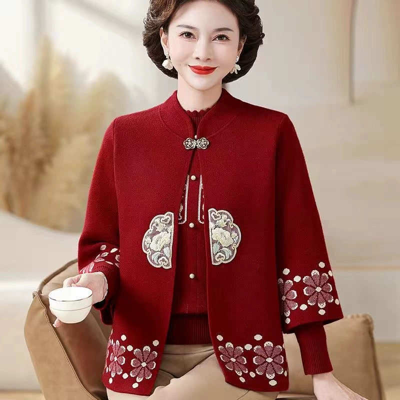 Осенне-зимний свитер для мамы, новый женский трикотаж в китайском стиле, комплект для женщин среднего и старшего возраста, одежда для свекрови