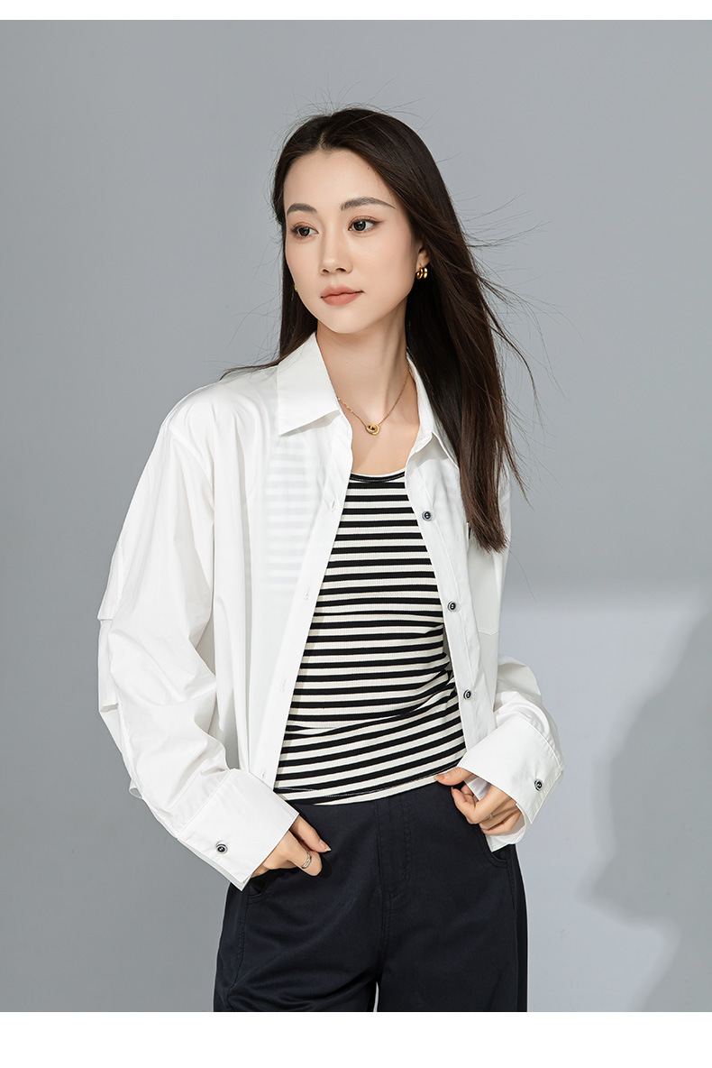 Áo sơ mi polo dài tay nữ kiểu Pháp chất cotton thụng, dáng ngắn mặc ngoài cardigan — Xanh nước muối chi tiết 25