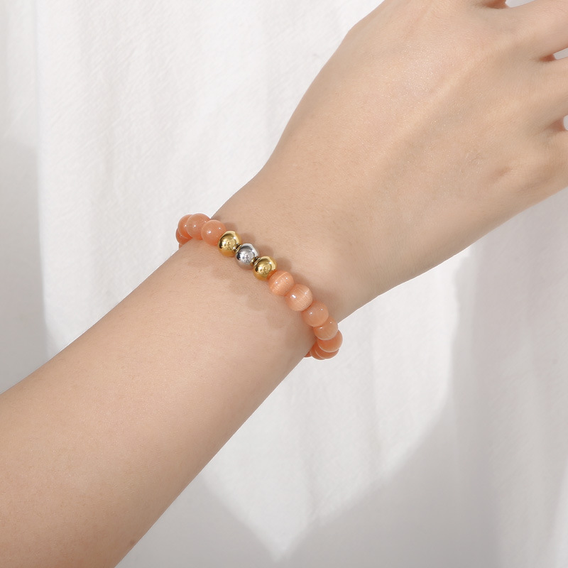 Retro Solid Color Stainless Steel opal Beaded Bracelets 1 Piece