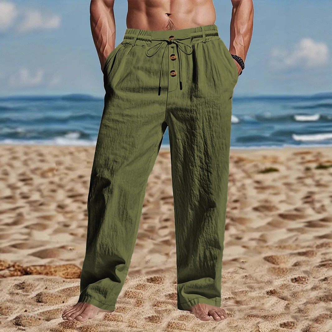 Cross-Border Independent Station American Casual Men's Beach Trendy Button Style Loose Skin-Friendly Breathable Sports Linen Trousers