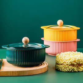 赫本锅玻璃盖日式双耳汤碗家用陶瓷泡面碗大号汤盆带盖子创意个性