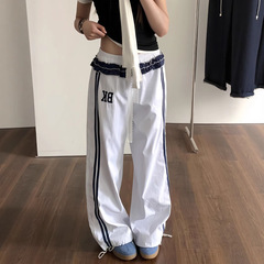 美式复古假两件拼接休闲裤宽松荷叶边蕾丝显瘦夏季运动直筒拖地裤