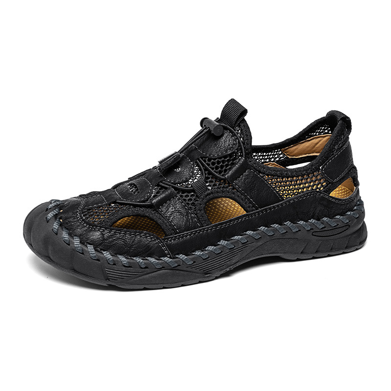 Men's Summer Sandals, Genuine Leather And Mesh Breathable Hollow Shoes, Men's Driving Closed-Toe Outdoor Casual Shoes_vogvips.com