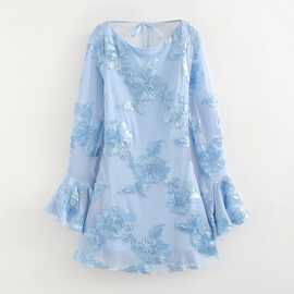 批发2025秋新品欧美风女装长袖网纱立体花饰连衣裙 5085